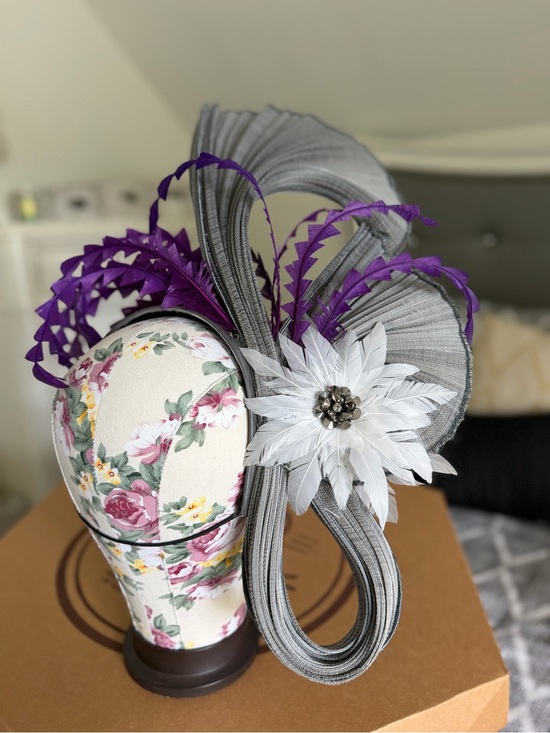 Elegant Gray and Purple Feather Fascinator Headband